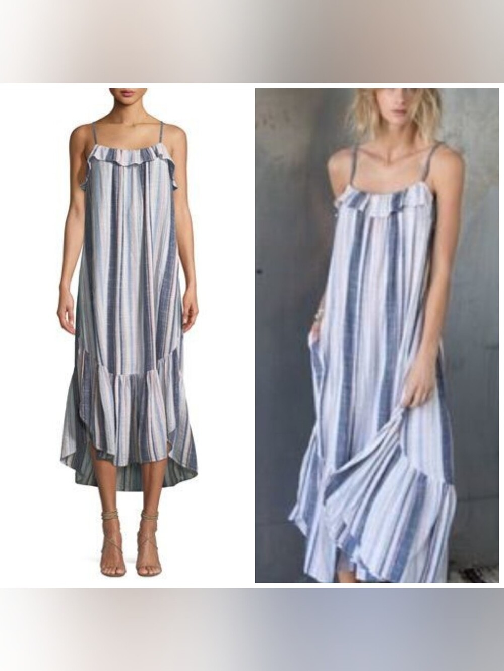 XiRENA Atlas Rumer Striped Cotton Maxi Dress, Large Blue & White Ruffles Pocket